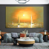 Hand Painted Simple Yellow Sea View Boat Oil Painting Fors Decoration Canvas Art