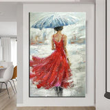 Hand Painted Art Oil Painting Modern Impression People Woman Holding Umbrella From The Back Abstract Painting Room Decor