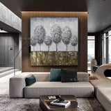 Hand Painted Silver Tree Canvas Painting Modern Nature Artwork Thick Oil For Home Office