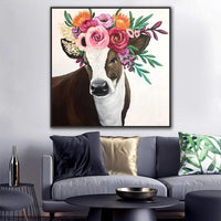 Hand Painted Modern Animal Art Cow with flowers Wall Canvas Art Oil Painting