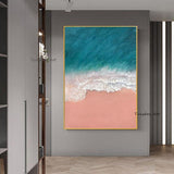 Hand Painted Abstract Sea Landscape Painting Of Blue Water And White Spray On Pink Beach Modern Artwork