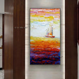 Hand Painted Sailboat Modern Abstract Landscape Decorative Painting Thick Oil Knife Painting On Canvas Handmade