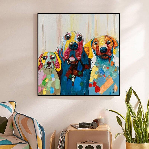 Hand Painted Oil Painting Cute Color Three Dogs Modern Abstract Animals On Canvas