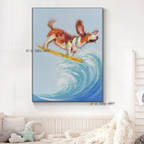 Modern Fine Art Hand Painted Funny Animal on Canvas Surfing dog Wall Art For Kid Room Bedroom
