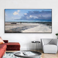 New Hand Painted Modern Oil Painting Blue Sky White Clouds Sea Beach Scenery Canvas Painting