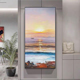 Hand Painted Beautiful Oil Painting Seascape Sea Sunset Seagull Reef Orange Yellow Background Modern Canvas Painting Porch Mural