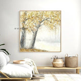 Hand Painted On Canvas Abstract Textured Trees With Yellow Leaves Wall Art Modern