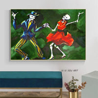 Hand Painted Holiday dancing joyful couple Skeleton Mexico Day of the Dead Wall Art