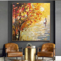 Hand Painted Modern Abstract Yellow Tree Oil Painting on Canvas Scandinavian Home Deco