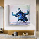 Hand Painted Modern Animal Oil Painting Cute Blue Cow Canvas Painting Home As