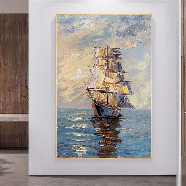 Hand Painted Sailing Boat Landscape Oil Painting Bar Home Salon Birthday Housewarming s