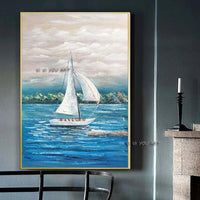 Abstract Sea Scenery White Sailboat On Blue Sea Hand Painted On Canvas Hanging Hotel Entrance