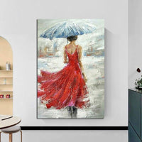 Hand Painted Art Oil Painting Modern Impression People Woman Holding Umbrella From The Back Abstract Painting Room Decor