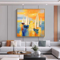 Hand Painted Oil Painting Sailing Hand Painted Modern Sunset Boats In Sea On Canvas