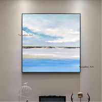 Hand Painted Natural Sunset Blue Sky Cloud Lake Landscape Canvas Painting Abstract