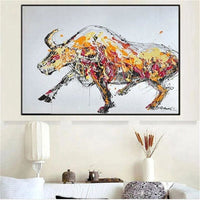 Modern Abstract Hand Painted Yellow Bull Painting Cattle Animal Oil Painting Pop Art Office