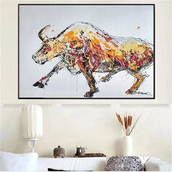 Modern Abstract Hand Painted Yellow Bull Painting Cattle Animal Oil Painting Pop Art Office Decoration