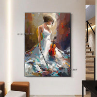 Abstract Hand Painted Art with Girl Play Violin Modern in Living room Bedroom