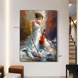 Abstract Hand Painted Art with Girl Play Violin Modern in Living room Bedroom