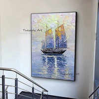 Hand Painted Landscape Oil Painting On Canvas Art Modern Seascape Sailing Boat Abstract