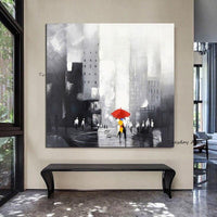 Hand Painted Oil Painting Color People Retro Abstract Grey Canvas Couple With Umbrella Walking On Street Modern