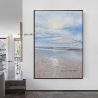 Modern Wall Canvas Simple Hand Painted Abstract Seascape In Light Blue For Restaurant