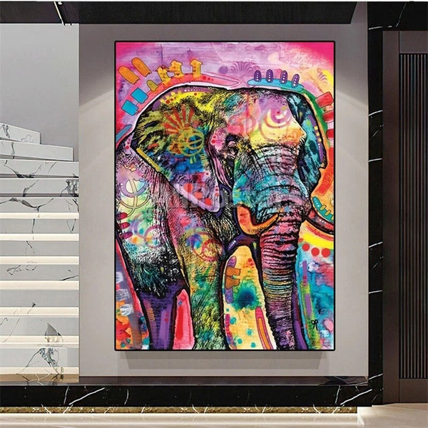 Hand Painted Oil Paintings Graffiti Street Art Canvas Animal Colorful Elephant Pop Cartoon Paintings
