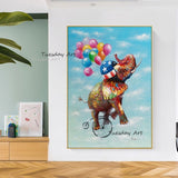 Hand Painted Art Oil Painting Modern Cute Elephant Colorful Balloon Abstract Canvas Wall Canvas