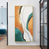 Abstract Golden Foil Hand Painted Canvas Painting Orange Green Contemporary Modern