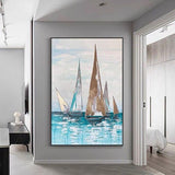 handmade Abstract Gold Foil sailboats Landscape Oil Painting on canvas Painting