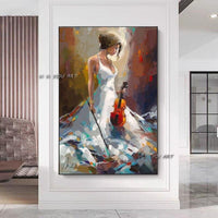 Abstract Hand Painted Art with Girl Play Violin Modern in Living room Bedroom