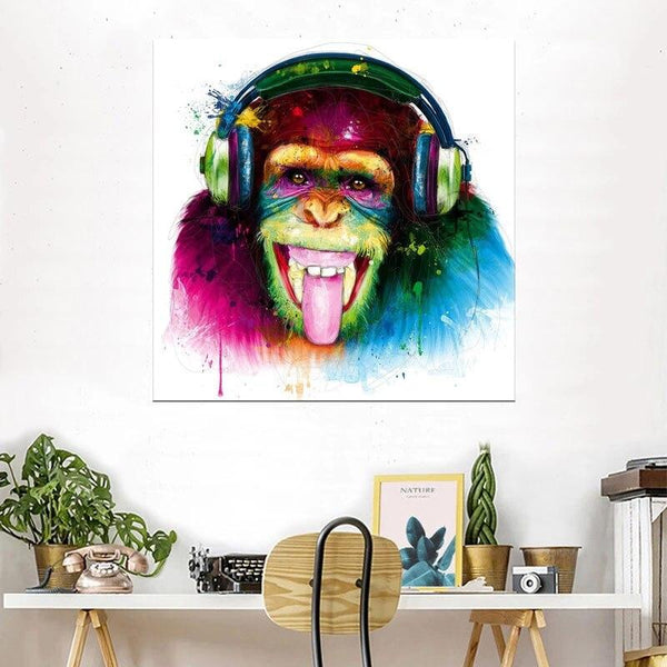 Hand Painted Abstract Canvas Art Oil Painting Animals Colorful Naughty Gorilla Listening to Songs