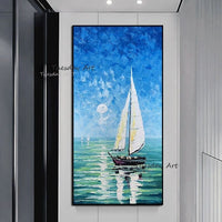 Hand Painted Abstract Landscape Modern Oil Painting Sea Sailboat Canvas Painting Square Nordic