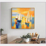 Hand Painted Oil Painting Sailing Hand Painted Modern Sunset Boats In Sea On Canvas