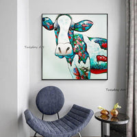 Modern Funny Abstract Hand Painted Animal Cow Head Oil Painting On Canvas WAll Art for Kids Room