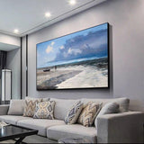 New Hand Painted Modern Oil Painting Blue Sky White Clouds Sea Beach Scenery Canvas Painting