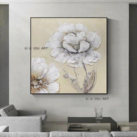 Hand Painted Abstract On Canvas White Flowers Minimalist Modern Wall Art Decorative