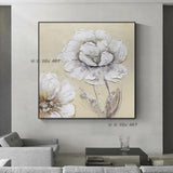 Hand Painted Abstract On Canvas White Flowers Minimalist Modern Decorative