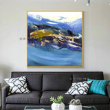 High Skilled Artist Hand Painted Abstract Blue and White and Gold on Canvas Rich Colors White and Blue Oil Painting