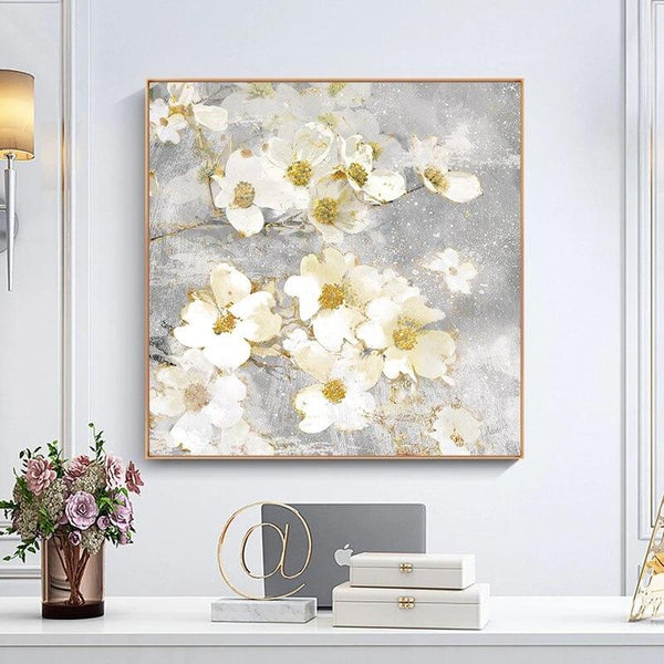 Hand Painted Oil Painting Impression Retro Gray White Flowers Wall Canvas Abstract Modern Canvas Artwork Room Decor