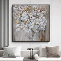 Abstract Human Painting Girl With Flowers In Her Head Modern Hand Painted Wall Art