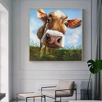 Hand Painted Funny Cute Cow Oil Painting on Canvas Modern Cartoon Animal Cow For Kid Room As