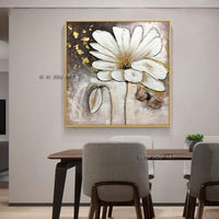 Hand Painted On Canvas Gold White Flower Modern Abstract