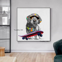 Hand Painted Oil Painting Modern Animal Wear Glasses Skateboard Dog Abstract Wall Art Children's Room Decor