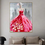 New Hand Painted Girl With Red Dress Oil Painting on Canvas