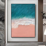 Hand Painted Abstract Sea Landscape Painting Of Blue Water And White Spray On Pink Beach Modern Artwork