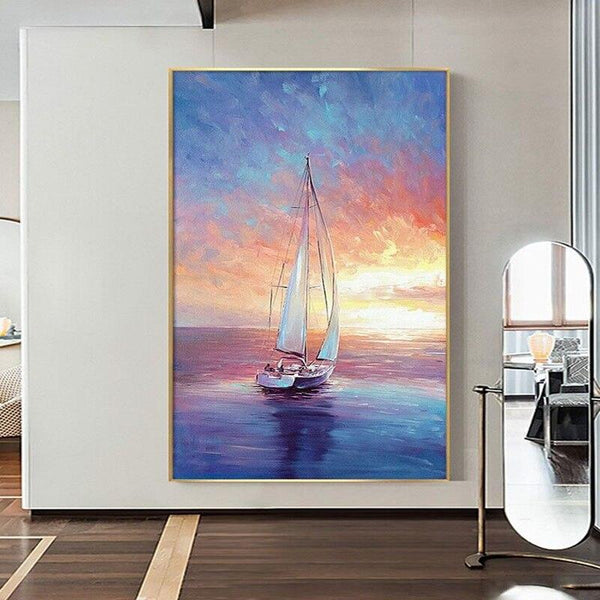 Hand Painted Oil Painting Seascape Sunrise Sail Abstract Hand Painted Canvas Painting Modern