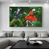 Hand Painted Holiday dancing joyful couple Skeleton Mexico Day of the Dead Wall Art