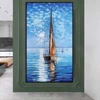 Hand Painted Abstract Landscape Oil Painting Sea Sailboat Canvas Painting Wall Art Square Modular Nordic