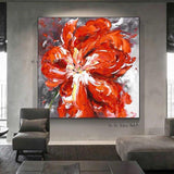 Hand Painted Abstract Red Flower Art On Canvas Wall Art Decor